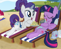 I&rsquo;m back&hellip; and I bring with me cute pones down by the beach. Did this up as a request from the General. An Anon wanted Rarity and Twilight munching on some cucumber sandwiches and chilling, so I put the two mares down by the beach front. One