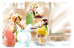 lirillith:  “Kaburagi house, snowy morning.” Kotetsu is wearing a Jayne hat while making a snowbunny, and Barnaby has bedhead.  I don’t know what more I could possibly ask of a winter image. 