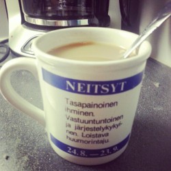 My favourite coffee cup, two spoons of sugar and a little bit milk. Yes yes, I&rsquo;m a Virgo (= Neitsyt).
