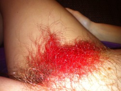 luvthefur:  I dyed my wifeâ€™s pubes purple, red and blonde. Which do you like best?? 
