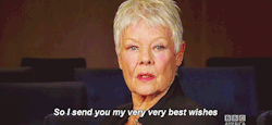 millerita:  magnicifent:  ashmole:  theredhungrybird:  Judi Dench’s message to Daniel Craig for winning The Britannia Awards British Artist of the Year 2012 [x] Sassy     #if judi dench isn’t your favourite then i’m sorry  I love when she laughs.