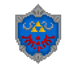 pixelblock:  A Hylian Shield, the nigh-unbreakable legendary shield used by the Knights of Hyrule and recurring icon of the “Legend Of Zelda” series, now rendered in a blocky 35 x 45 pixel resolution. A suprisingly difficult thing to derezz, but I